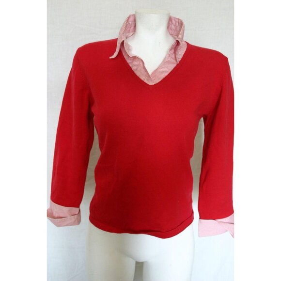 ByDesign Womens Red Sweater Faux Layer Stripe Collar Cuffs 3/4 Sleeves Sz Large - Picture 1 of 5